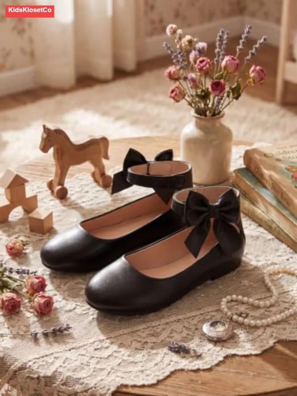 Girls Ballet Flats Dress Shoes Faux Leather Bowknot Ankle Strap Hook-and-Loop